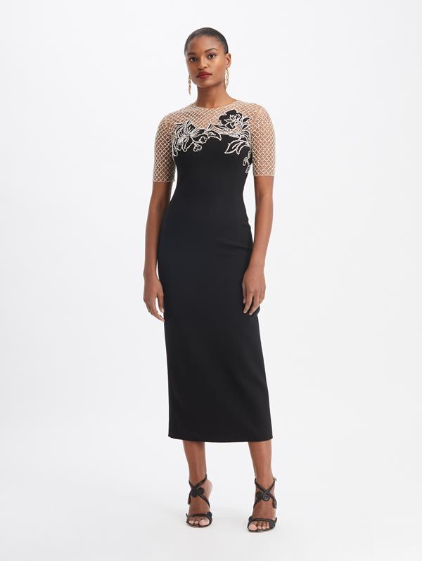 Image of Double Stretch Wool Crystal-Embroidered Cocktail Dress