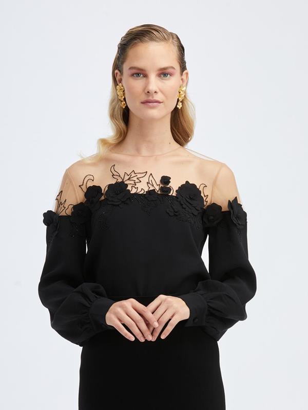 Image of Silk Stretch-Georgette Embroidered Blouse