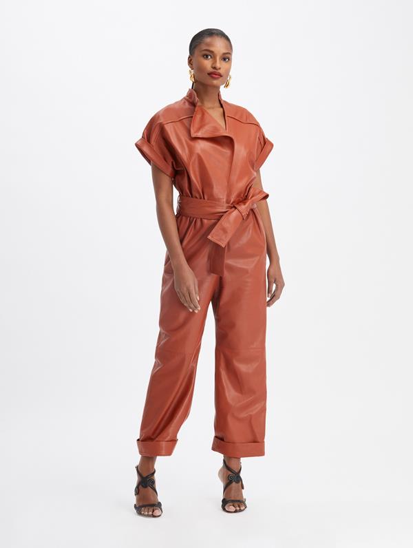 Image of Leather Tie-Waist Jumpsuit