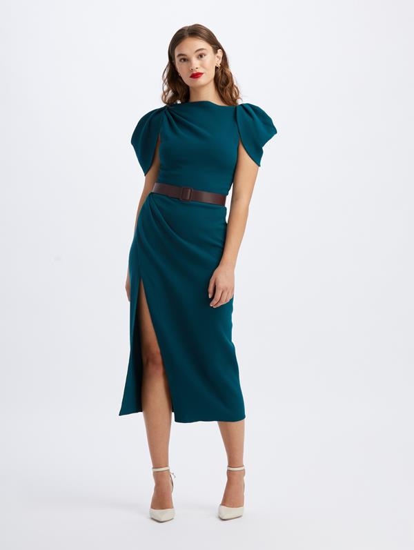 Image of Draped Sleeve Slit Midi Dress