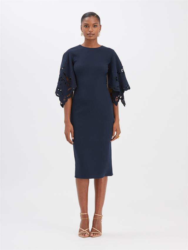 Floral Cut Crepe Pencil Dress Day Dress Oscar De La Renta Navy
