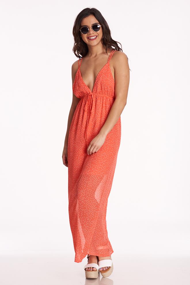 X Back Woven Maxi Dress Coral Discovery Clothing