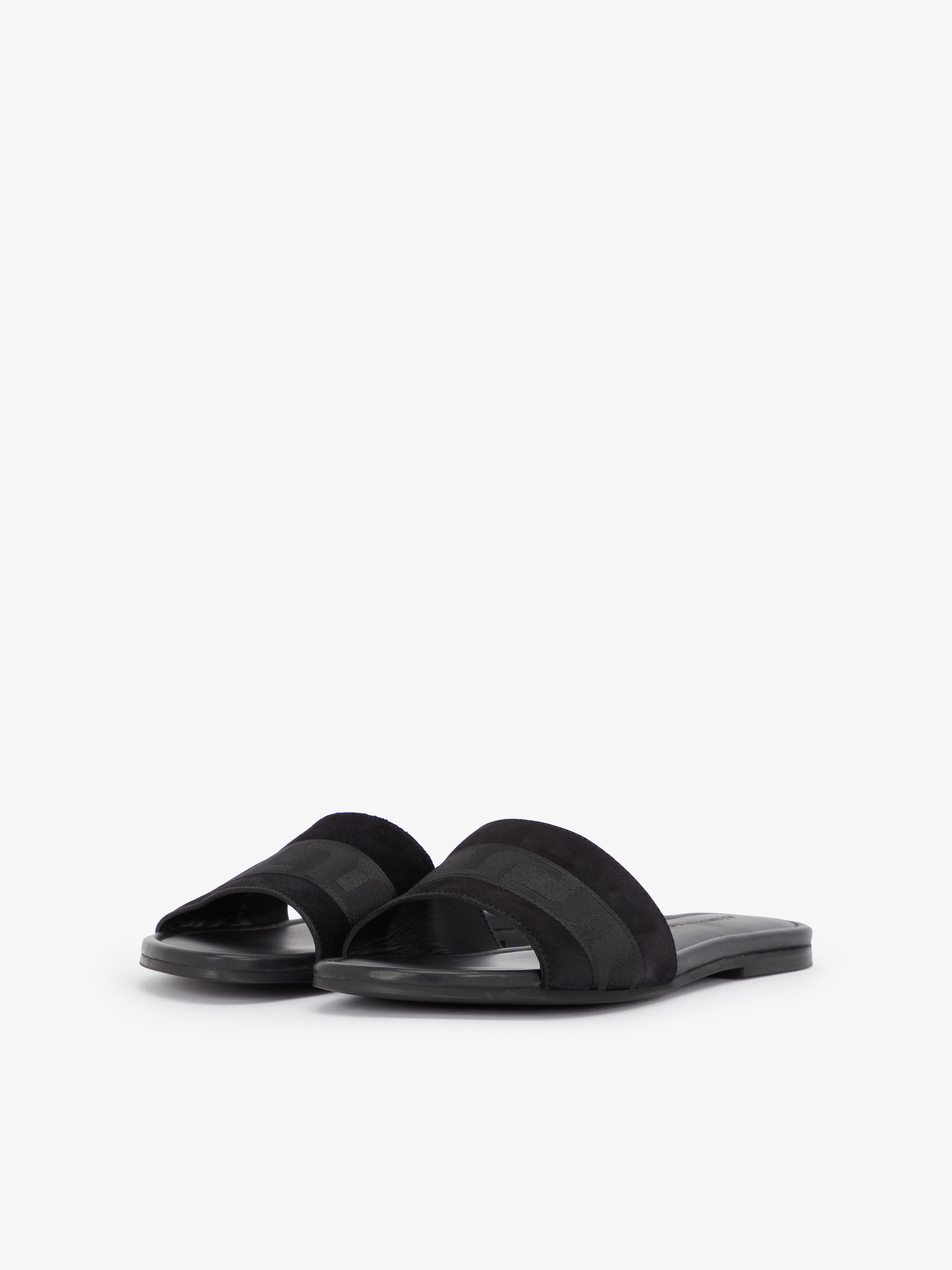 black suede flip flops